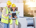 Engineer, man and woman with tablet for online research, schedule for building project and maintenance. Digital, people talking and construction worker with innovation, search internet and inspection