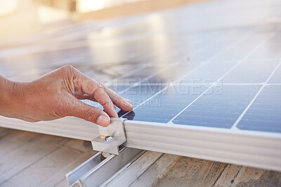 Buy stock photo Engineer, hands and solar panel with maintenance, working and industry for renewable energy in sunshine. Working, solar energy and sustainability for future, clean power and photovoltaic electricity