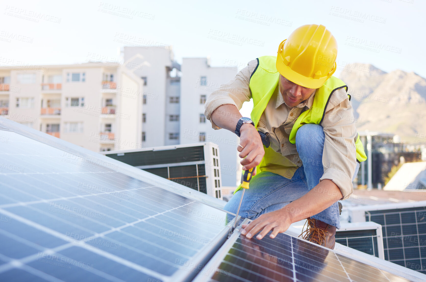 Buy stock photo Engineer, man or solar panels for clean energy, maintenance for building or sustainability. Male technician, electrician or installation for alternative power, agriculture innovation or eco friendly