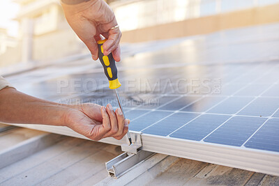 Buy stock photo Engineer, hands and solar panel with maintenance, working and industry for renewable energy in sunshine. Working, solar energy and sustainability for future, clean power and photovoltaic electricity