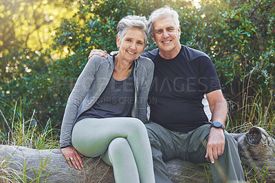 Buy stock photo Fitness, portrait or old couple in nature for hiking workout, walking exercise or trekking on holiday vacation. Retirement, healthy or happy woman hugs or bonding with senior partner in a forest park
