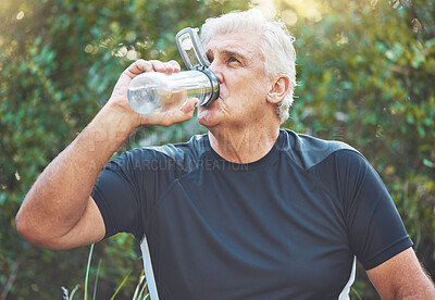 Buy stock photo Exercise, senior man and water bottle for fitness, wellness and health in nature. Elderly male, athlete and hydration after training, rest and workout for cardio, power and energy in park and relax.