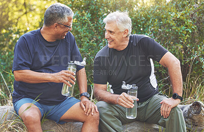 Buy stock photo Fitness, friends and elderly men relax after run in park with water bottle, hydration and break after exercise. Body workout, senior runner and conversation after workout outdoor, energy and happy.