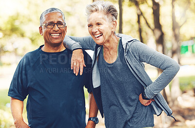 Buy stock photo Fitness, funny or old couple of friends in nature laughing at a joke after training, walking or workout. Comic, support or happy senior woman bonding with elderly partner in interracial marriage 
