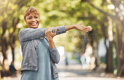 Buy stock photo Portrait, fitness or senior black woman stretching to warm up body for exercise, training or workout. Healthy, face or happy mature lady exercising in nature with motivation, smile or wellness goals