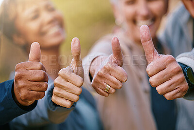 Buy stock photo Hands, senior or thumbs up for fitness goals, workout target, or exercise challenge for wellness in nature. Motivation, success or happy healthy people with growth mindset and positive hand gesture