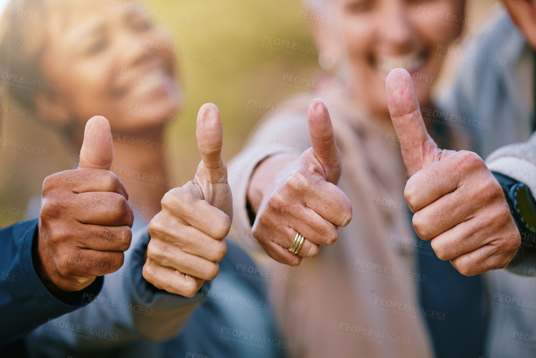 Buy stock photo Hands, senior or thumbs up for fitness goals, workout target, or exercise challenge for wellness in nature. Motivation, success or happy healthy people with growth mindset and positive hand gesture