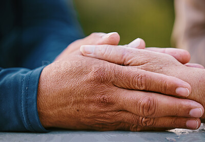 Buy stock photo Hands zoom, support and care with trust, love and commitment with comfort outdoor. Holding hands, help and advice with elderly people, helping hand with gratitude or empathy with partnership.