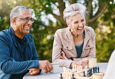 Buy stock photo Happy, chess or couple of friends in nature playing a board game, bonding or talking about a funny story. Park, support or healthy senior people laughing at a joke and enjoying quality relaxing time 