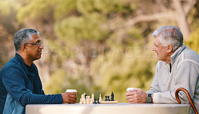 Buy stock photo Chess, nature and retirement with senior friends playing a boardgame while bonding outdoor during summer. Park, strategy and game with a mature man and friend thinking about the mental challenge