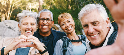 Buy stock photo Nature, selfie and senior friends hiking together in a forest while on an outdoor adventure. Happy, smile and portrait of a group of elderly people trekking in woods for wellness, health and exercise