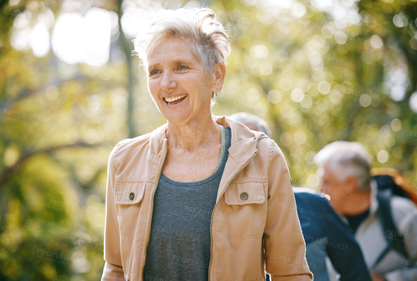 Buy stock photo Elderly woman, fitness and hiking in park, happy with freedom outdoor and exercise with active lifestyle and wellness. Travel, hiking in Colorado and senior in retirement with happiness and nature.