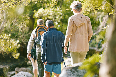 Buy stock photo Hiking, fitness and elderly with people in the park for exercise, senior hiker group together with retirement and trekking back view. Hike, active lifestyle and wellness with vitality and friends.