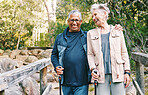 Relax, senior or couple of friends hiking, walking or trekking for freedom, exercise or fitness in nature forest. Interracial, travel or happy woman enjoys bonding time with healthy elderly partner