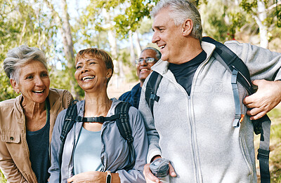 Buy stock photo Hiking, elderly and people, happy outdoor with nature, fitness and fun in park, exercise group trekking in Boston. Diversity, friends and happiness with hike, active lifestyle motivation and senior.
