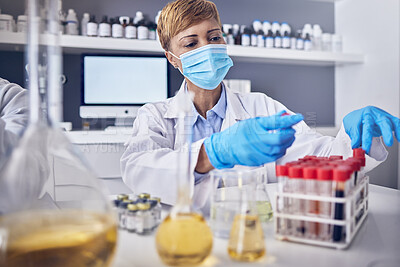 Buy stock photo Covid, laboratory or scientist with blood for research, dna test or exam for science chemistry innovation. Black woman, biotechnology or senior doctor working on coronavirus genetic medical data 