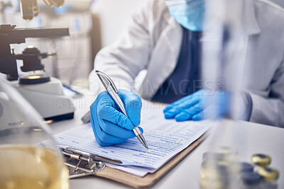 Buy stock photo Research, clipboard and scientist writing, checklist and schedule form in laboratory. Science, researchers and make notes for data analysis, sample test and innovation for healthcare and medical cure