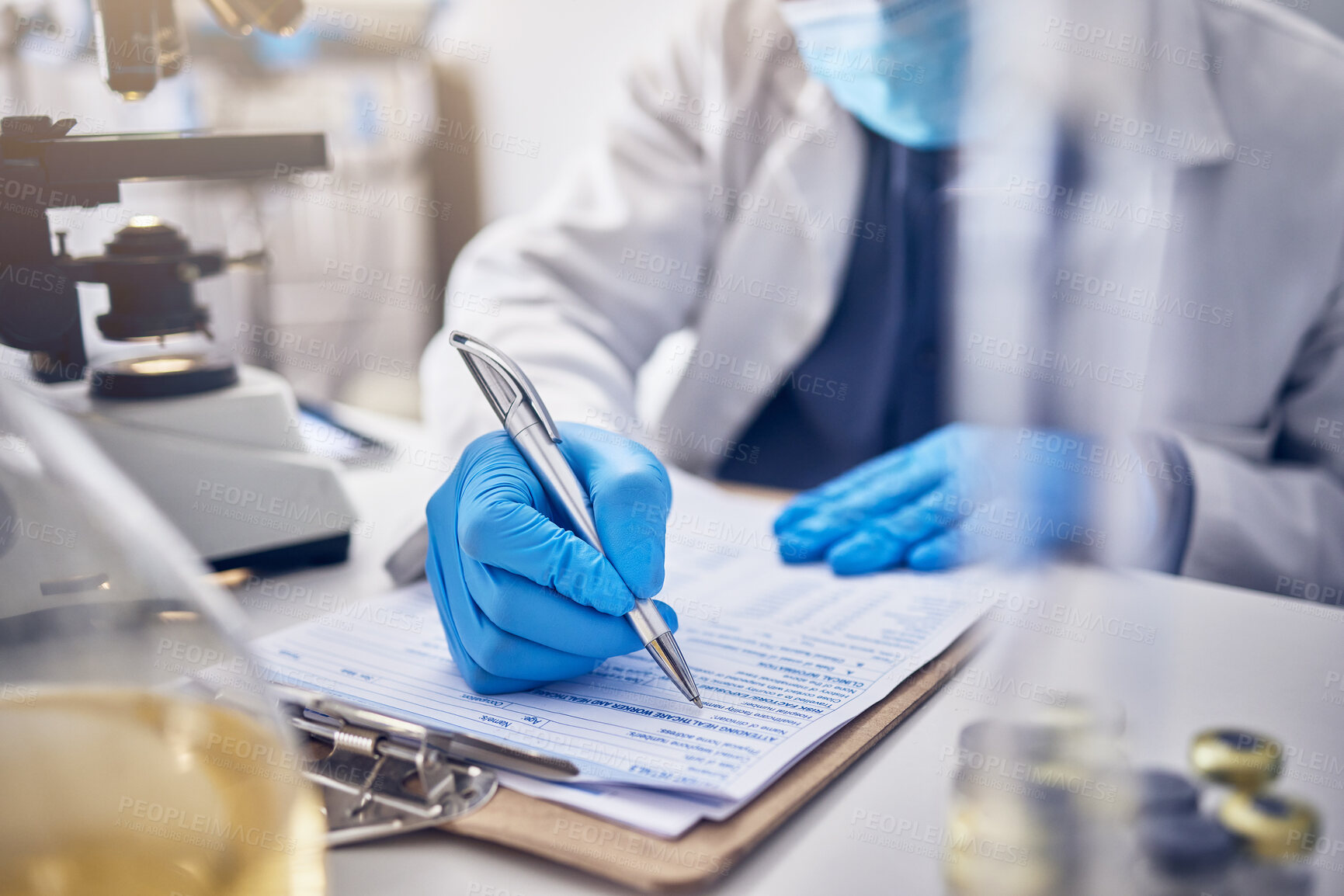 Buy stock photo Research, clipboard and scientist writing, checklist and schedule form in laboratory. Science, researchers and make notes for data analysis, sample test and innovation for healthcare and medical cure