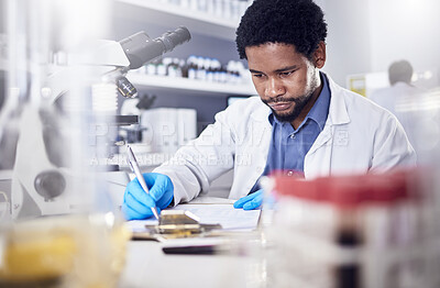 Buy stock photo Black man writing report for science study, scientist in lab for research to test and experiment for scientific innovation. Biotechnology in laboratory, focus and knowledge, pen and checklist.