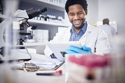 Buy stock photo Scientist, research and black man with tablet, laboratory and innovation for healthcare, online schedule or tech. African American male, researcher and digital planning for medical diagnosis and cure