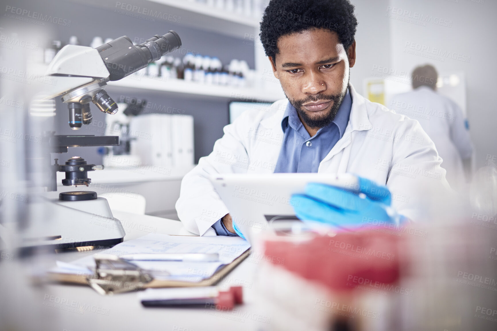 Buy stock photo Science, research and black man with tablet, focus and innovation for healthcare and laboratory. Scientist, researcher or medical professional for diagnosis, concentration and online for cure or tech