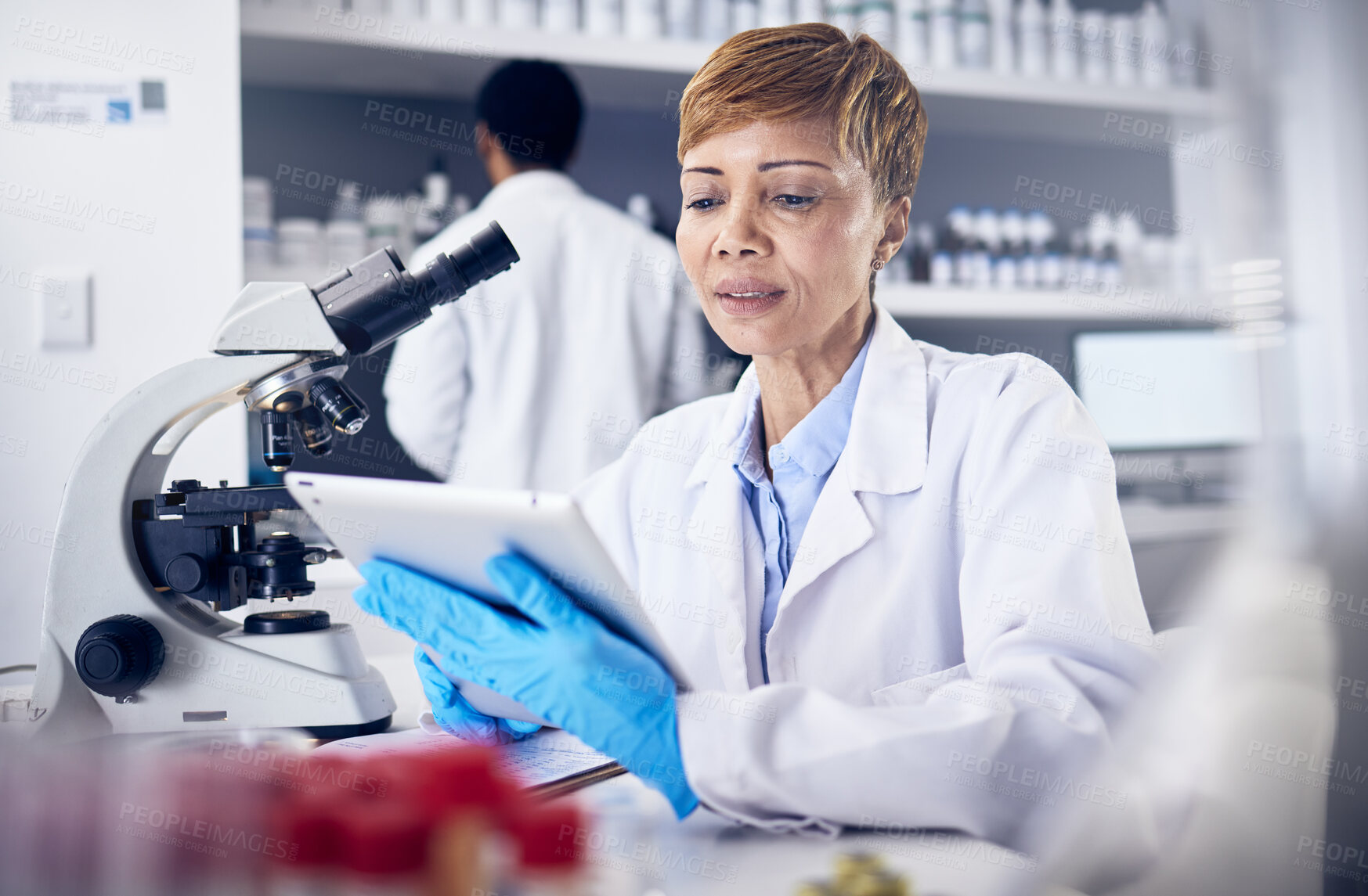 Buy stock photo Science, tablet and woman in laboratory, research and healthcare with digital analysis. Female researcher, scientist and expert for medical diagnosis, cure and innovation for online data and focus.