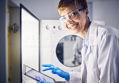 Buy stock photo Science, tablet or lab portrait of woman with safety storage for pharmaceutical innovation, medical development or medicine research. Security safe, ppe or scientist with tech for laboratory analysis