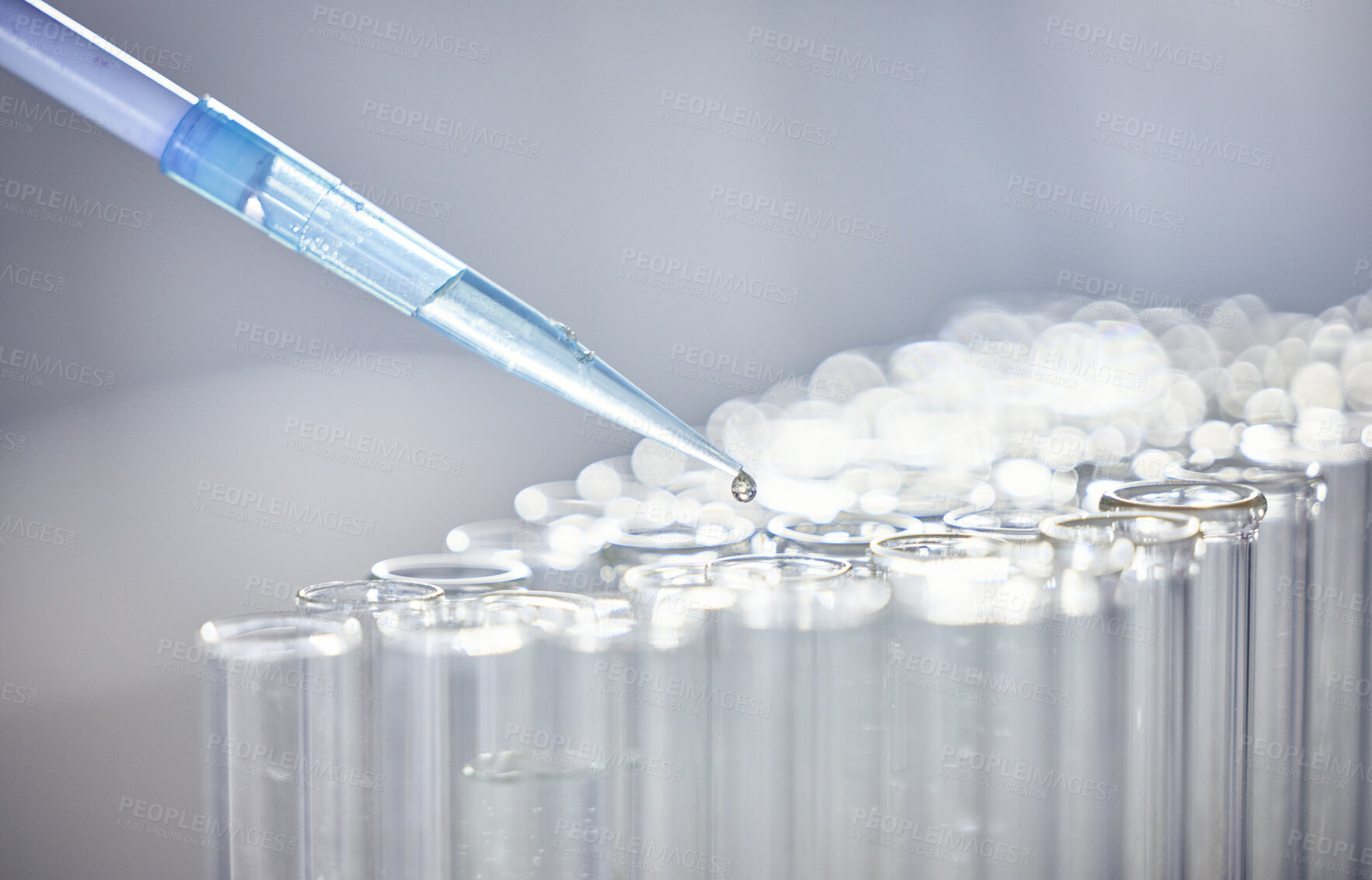 Buy stock photo Science, test tubes and syringe for research, experiment or project in chemistry laboratory. Glass vials, innovation and chemical liquid for scientific innovation or analysis in a pharmaceutical lab.