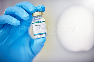 Buy stock photo Innovation, healthcare or hand with vaccine, medicine or product in bottle with a blurry or blurred background. Monkey pox, doctor or scientist working on medical cure or lab drugs in safety gloves