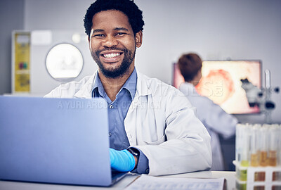 Buy stock photo Portrait, scientist and black man with laptop, laboratory and research for healthcare. Male, researcher or science for medical diagnosis, cure and online analysis for data, sample and innovation tech