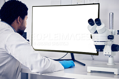 Buy stock photo African scientist man, green screen and computer in research, reading or focus for goals in lab. Black man, science or laboratory with blank desktop pc for vision, healthcare or pharmaceutical mockup