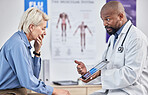 Doctor, patient and black man with tablet, hospital and results for disease, explain procedure or healthcare. Medical professional, senior female and woman in office, cure or conversation for surgery