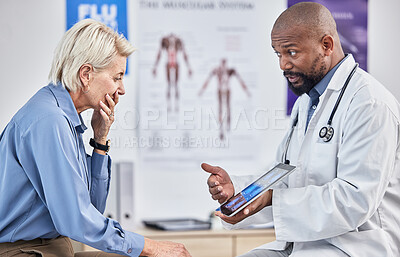 Buy stock photo Doctor, patient and black man with tablet, hospital and results for disease, explain procedure or healthcare. Medical professional, senior female and woman in office, cure or conversation for surgery