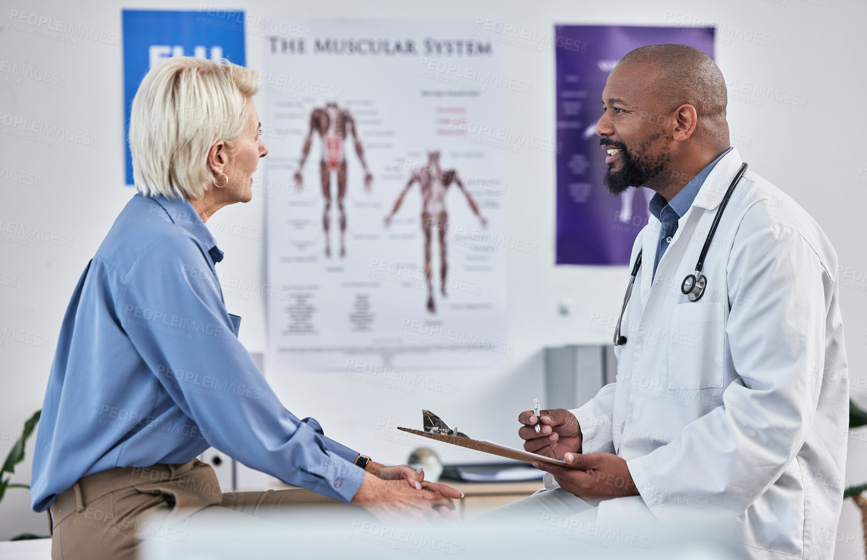 Buy stock photo Health, doctor with patient and consultation with medical exam, hospital and conversation about healthcare. Black man with senior woman, clipboard with info for health care, medicine and clinic