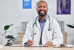 Happy, smile and portrait of an African doctor sitting in his office after a consultation at the clinic. Healthcare, professional and male medical worker analyzing results in a medicare hospital.