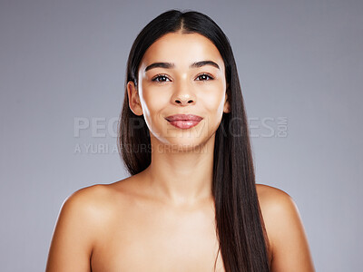 Buy stock photo Portrait, skincare and woman with cosmetics, beauty and organic facial on grey studio background. Makeup, Latino female and girl with luxury, soft and clear skin for treatment, grooming and mock up.