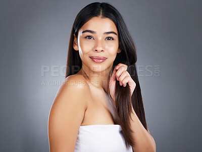 Buy stock photo Woman with hair care, beauty and hair, healthy and strong glow with keratin treatment, Brazilian and cosmetic care portrait against studio background. Skin, skincare and natural cosmetics mockup.
