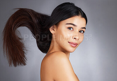 Buy stock photo Woman, hair care and beauty in studio portrait for strong, healthy natural shine and wellness by background. Model, hair glow and cosmetic self care for health, self love and confidence by backdrop