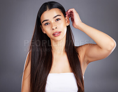 Buy stock photo Portrait, woman and hair care for shine, natural beauty and grooming on studio background. Female, girl and hair style for confidence, cosmetics treatment and keratin for wellness, glow and luxury.