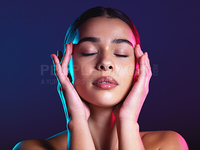 Buy stock photo Woman, skincare and dark studio with eyes closed for beauty, makeup or self love with light on face. Model, natural cosmetic glow or skin wellness for self care, hands and health by studio background