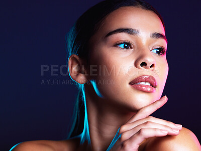 Beauty, face and skin with makeup and woman, microblading and natural cosmetics with facial and manicure against studio background. Lashes, lips and cosmetic care, dermatology and wellness mockup.