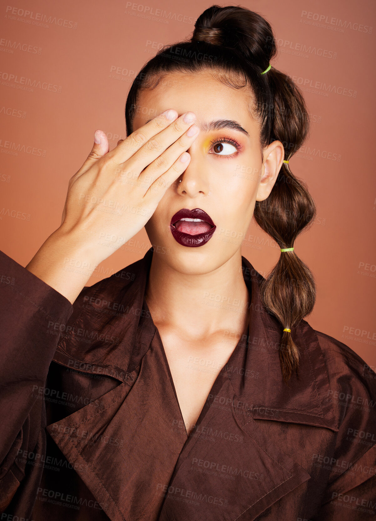 Buy stock photo Surprise, lipstick and makeup with woman and beauty, hand cover eye and mouth, cosmetics and hair care. Fun, wow and lips, cosmetic care and healthy skin, glow and skincare against studio background.