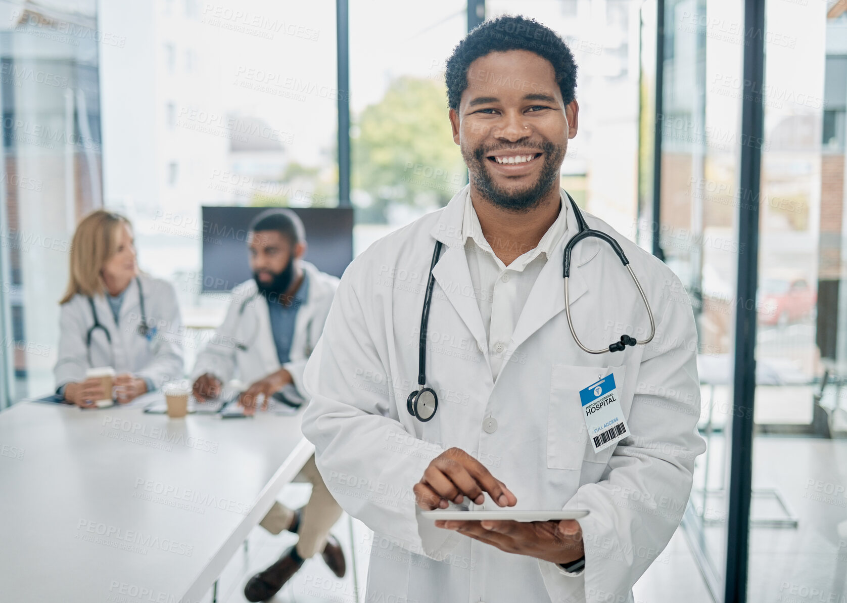 Buy stock photo Portrait, black man and doctor with tablet, digital analysis and schedule surgery in hospital. African American male, medical professional and online research for cure, diagnosis and healthcare.