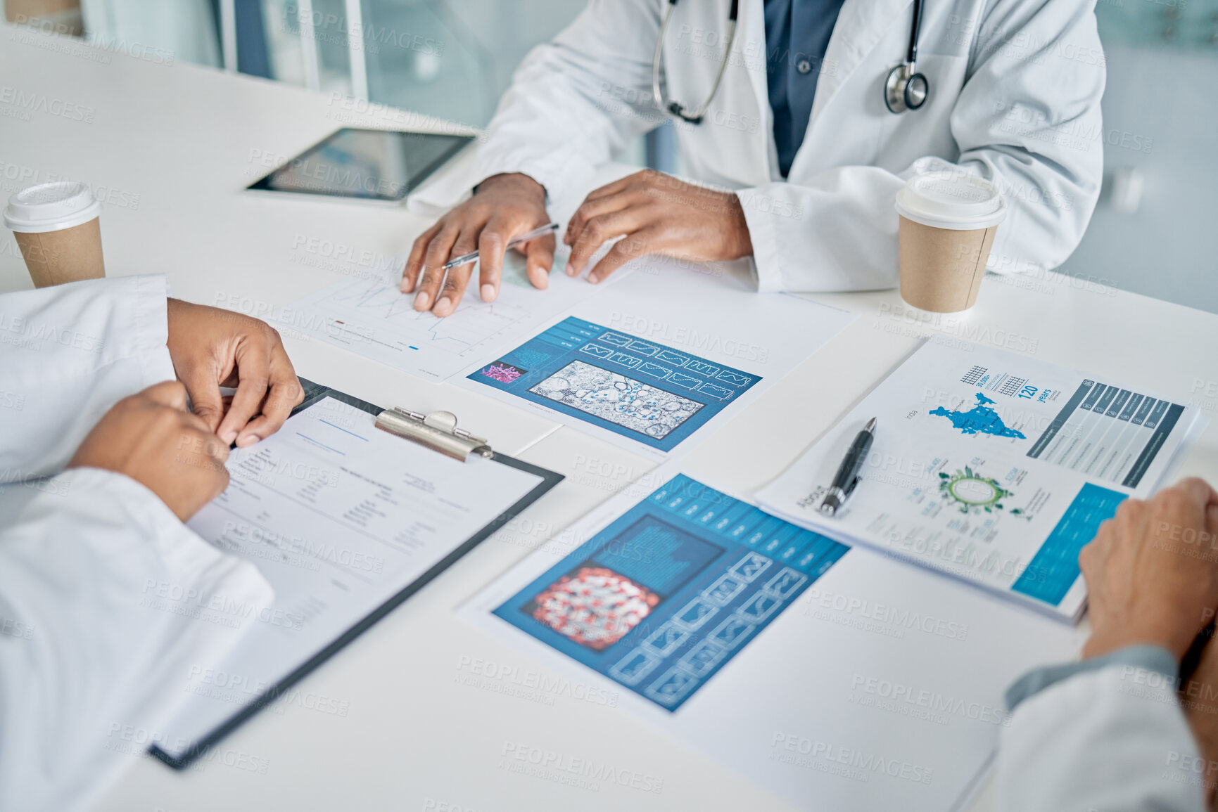 Buy stock photo Doctors, medical innovation and healthcare with team and paperwork for research study, meeting and collaboration. Hospital, health and teamwork with medicine documents, doctor hands and science.