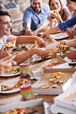 Buy stock photo Pizza, party and group of people eating fast food, lunch and meal in celebration together at restaurant, home or cafe. Happy friends enjoy social gathering at pizzeria, cafeteria table and community 