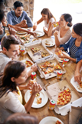 Buy stock photo Pizza, restaurant and friends party at table eating together with social, communication and conversation for reunion or celebration. Happy group of people with fast food, soda and lunch in cafeteria