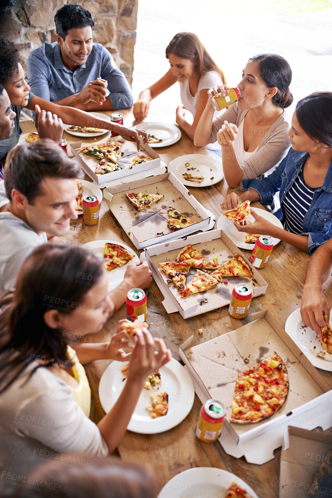 Buy stock photo Pizza, restaurant and friends party at table eating together with social, communication and conversation for reunion or celebration. Happy group of people with fast food, soda and lunch in cafeteria