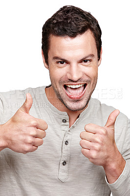 Buy stock photo Portrait, thumbs up and support with a man in studio isolated on a white background as a winner or for motivation. Thank you, goal and target with an excited man showing a positive hand sign or emoji