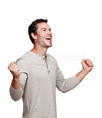 Buy stock photo Happy, excited man and celebration for winning, discount or goal against a white studio background. Isolated male model winner with smile celebrating win, sale or achievement on mockup