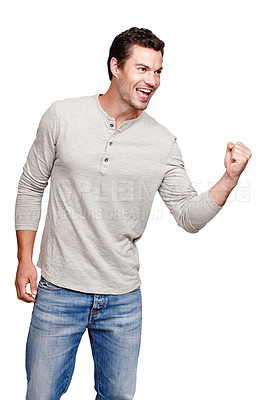Buy stock photo Happy, man and promotion in celebration for winning, discount or goal against a white studio background. Isolated male model winner with smile celebrating win, sale or achievement on mockup
